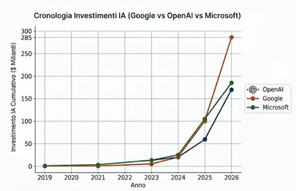 Timeline degli investimenti AI di Google vs OpenAI/Microsoft: il vantaggio strutturale non è nel modello — è nel tempo. Elaborazione Instilla su dati pubblici, 2025.