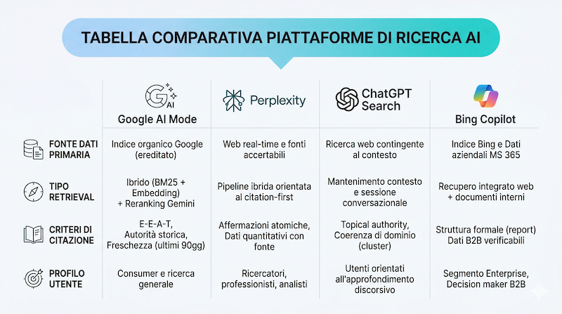 Schema comparativo 4 piattaforme — Google AI Mode, Perplexity, ChatGPT Search, Bing Copilot.