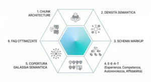 Framework delle 6 leve GEO core — schema circolare o a esagono con le 6 leve: Chunk Architecture, Densità Semantica, Schema Markup, E-E-A-T, Copertura Galassia Semantica, FAQ Ottimizzate.