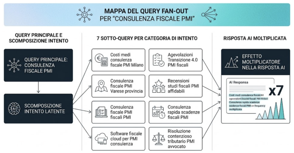 Mappa del query fan-out per la keyword "consulenza fiscale PMI": query principale + 7 sotto-query per categoria di intento latente. Il contenuto che copre tutte le sotto-query emerge nella risposta AI con frequenza moltiplicata. Elaborazione Instilla, 2025.