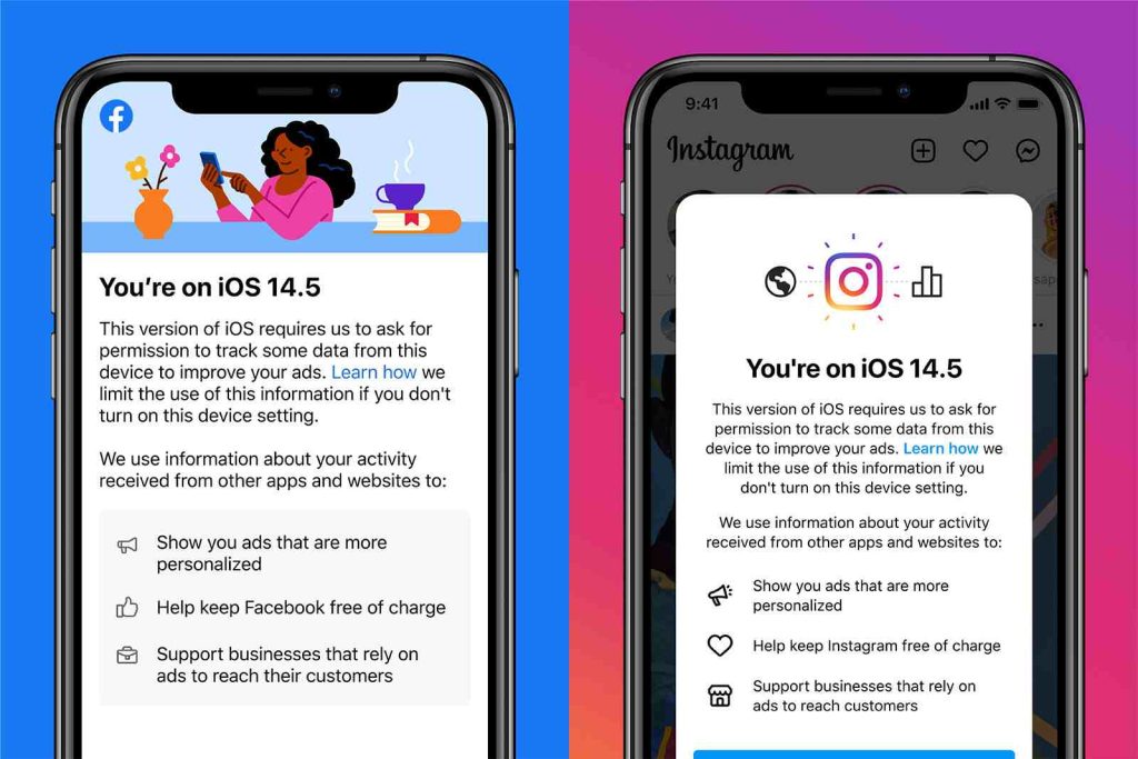 L'app di Facebook chiede all'utente di attivare i tracciamenti per mantenere il servizio gratuito