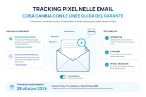 Tracking pixel nelle email: misurazione anonima e individuale, i tre obblighi (informativa, consenso, revoca granulare) e la scadenza del 29 ottobre 2026